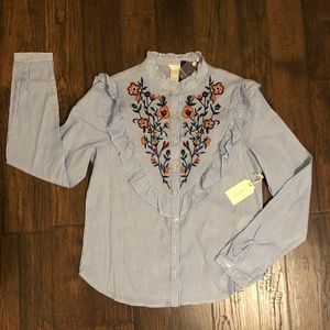 Floral Embroidered Striped Blouse